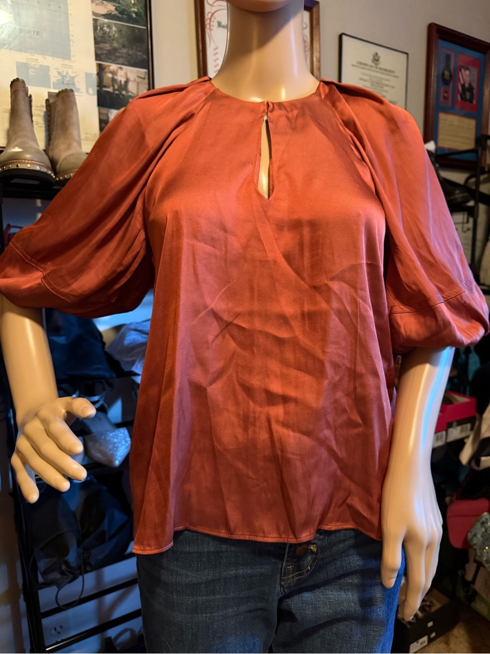 MINKPINK Rust Orange Keyhole Puff-Sleeve Blouse